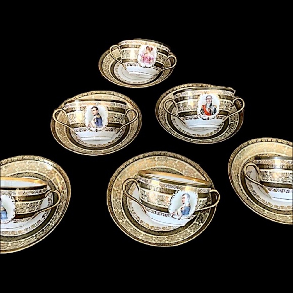 Antique French Napoleonic Portrait Demitasse Set Crown N Mark Empire Style  1890